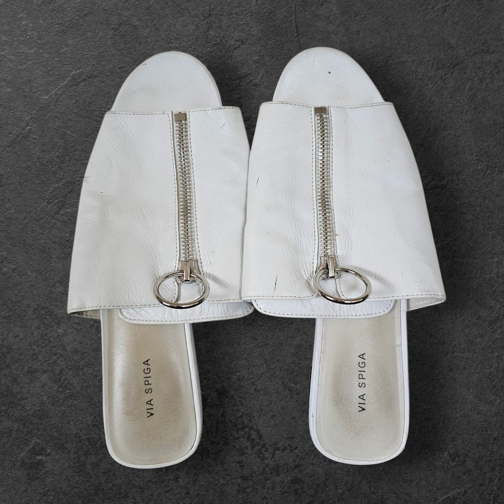 VIA‎ SPIGA White Leather Top Zip Minimalist Quiet Luxury Sandals Flats sz 7